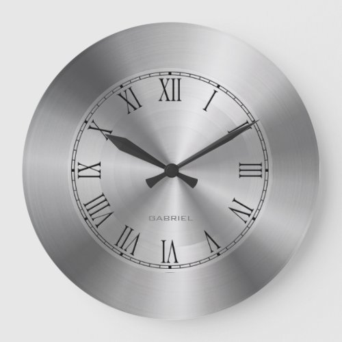 Silver Gray Metallic Design Stainless_Steel Look 4 Large Clock