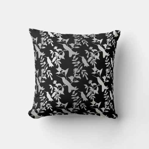 Silver Gray Metallic Floral Humming_birds Black Throw Pillow