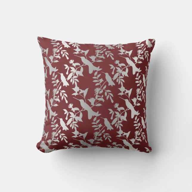 Silver Gray Metallic Floral Humming-birds Burgundy Throw Pillow (Front)