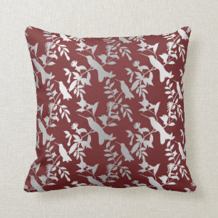 Silver Gray Metallic Floral Humming-birds Burgundy Throw Pillow