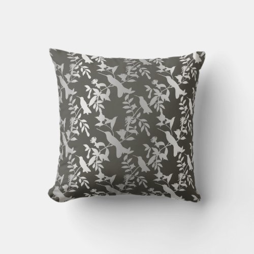 Silver Gray Metallic Floral Humming_birds Graphite Throw Pillow