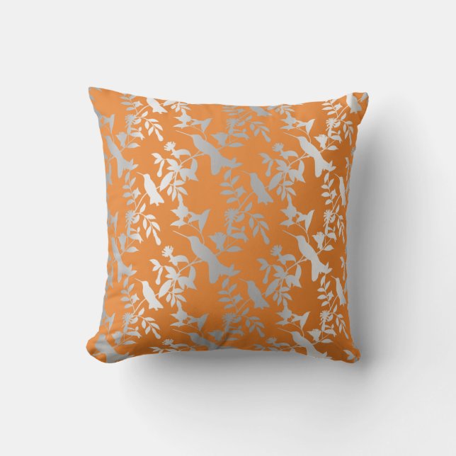 Silver Gray Metallic Floral Humming-birds Orange Throw Pillow (Front)
