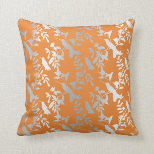 Silver Gray Metallic Floral Humming-birds Orange Throw Pillow
