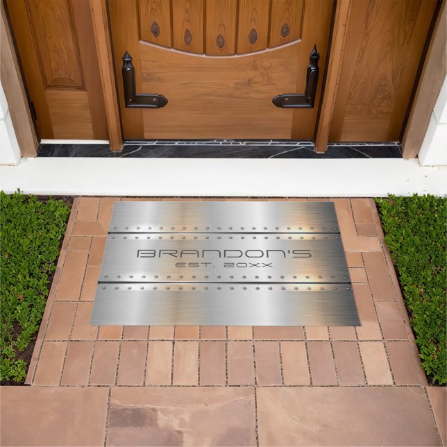 Silver-Gray Metallic Geometric Design Doormat (Outdoor)