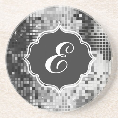 Silver Gray Metallic Glitter Pattern Monogram Sandstone Coaster