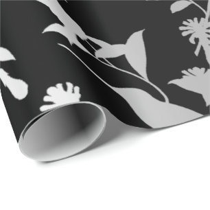 Silver Gray Metallic Hummingbird Flowers Black Wrapping Paper