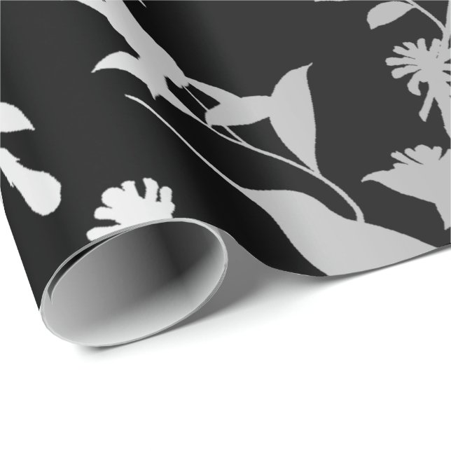 Silver Gray Metallic Hummingbird Flowers Black Wrapping Paper (Roll Corner)