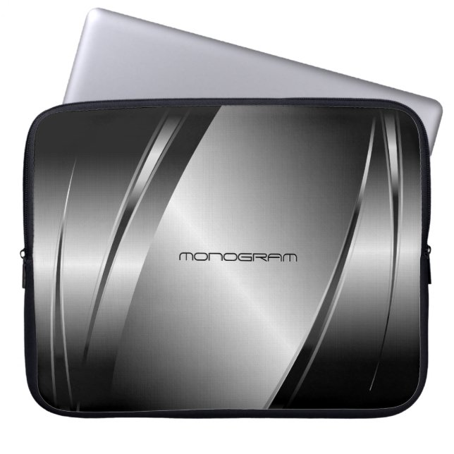 Silver Gray Metallic Look-Stainless Steel Pattern Laptop Sleeve (Front)
