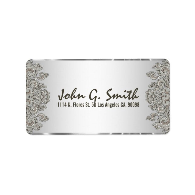 Silver Gray Metallic Pattern Floral Swirls Label (Front)