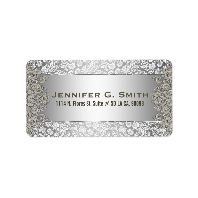 Silver Gray Metallic Pattern Floral Swirls Label (Front)