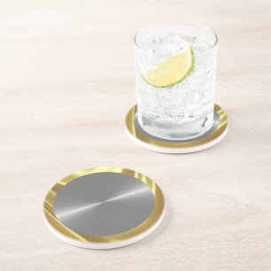 Silver Gray Metallic Stainless Steel look & Gold Drink Coaster