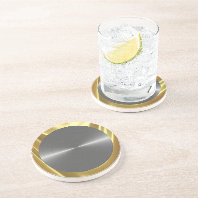 Silver Gray Metallic Stainless Steel look & Gold Drink Coaster (Side)