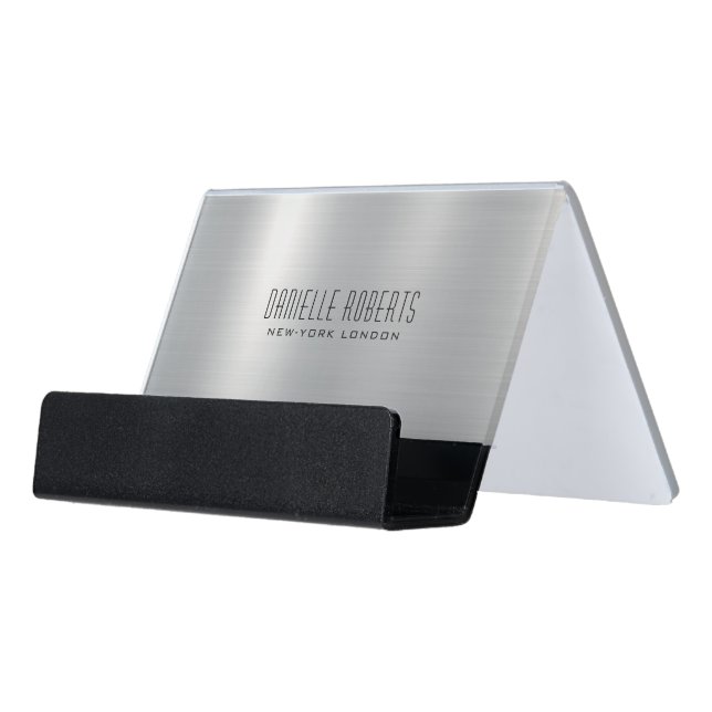 Silver Gray Metallic Stainless Steel Texture  Desk Business Card Holder (Angled Front)