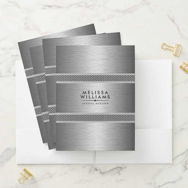 Silver-gray metallic stripes geometric design pocket folder (In Situ)