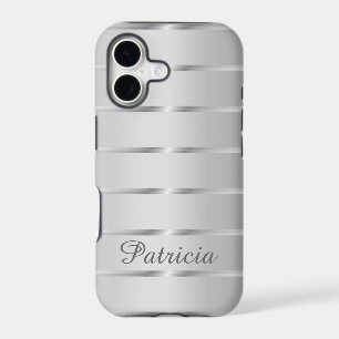 Silver Gray Metallic Stripes Name iPhone 17 Case