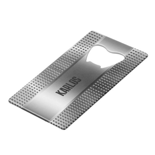 Silver-gray metallic texture credit card bottle opener (Back Angled)