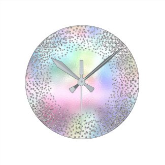 Silver Gray Metallic Unicorn Glitter Blush Pink Round Clock