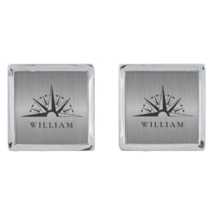 Silver Gray Metallic Vintage Compass Personalized Cufflinks