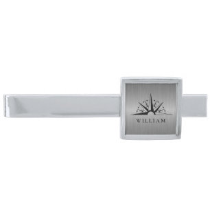 Silver Gray Metallic Vintage Compass Personalized Finish Tie Bar