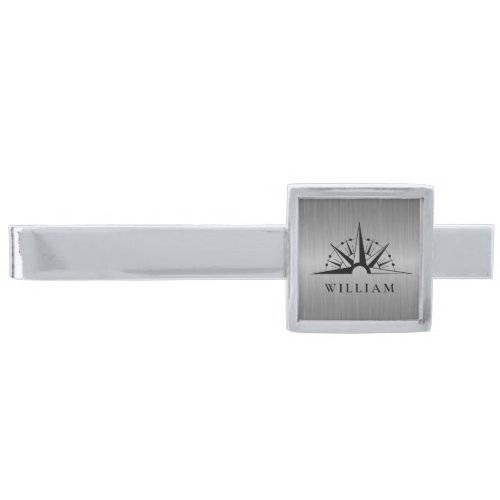 Silver Gray Metallic Vintage Compass Personalized Silver Finish Tie Bar