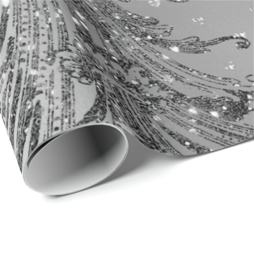 Silver Gray Metalllic Crystal Damask Hearts Black Wrapping Paper