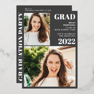 Silver gray modern 3 photos graduation foil invitation