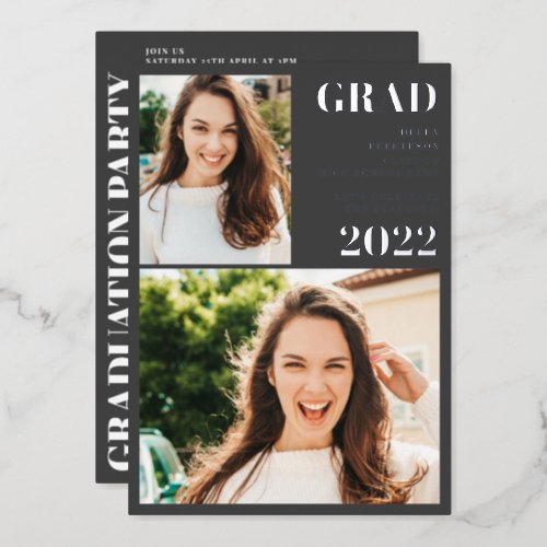 Silver gray modern 3 photos graduation foil invitation