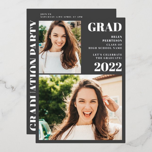 Silver gray modern 3 photos graduation foil invitation (Front/Back)