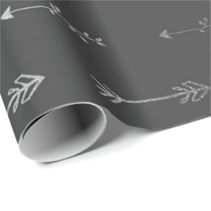 Silver Gray Monochromatic Metallic Arrows Black Wrapping Paper