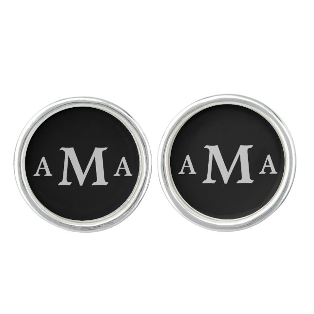 Silver Gray Monogram Black Cufflinks (Front)