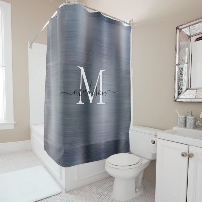 Silver Gray Monogram Girly Script Glam Steel Metal Shower Curtain (In Situ)