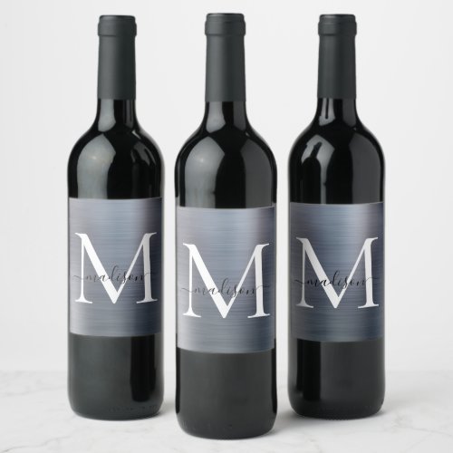 Silver Gray Monogram Girly Script Metallic Steel Wine Label