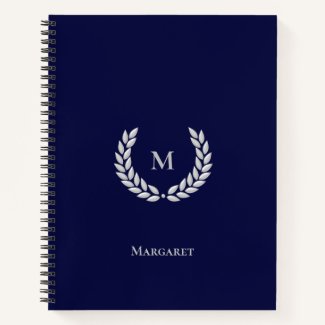 Silver Gray Monogram & Laurel on Navy Blue Noteboo