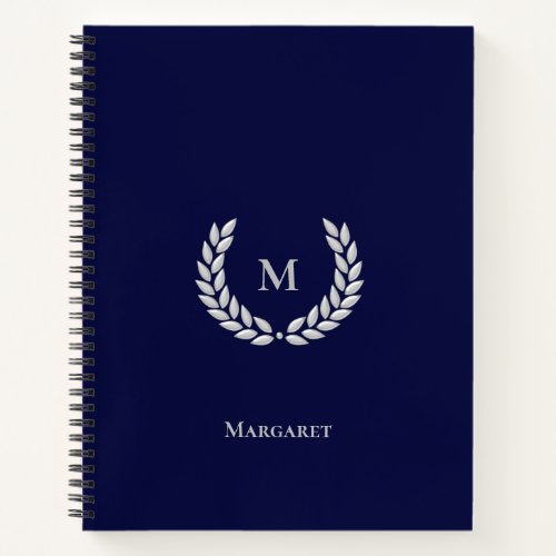 Silver Gray Monogram  Laurel on Navy Blue Noteboo Notebook