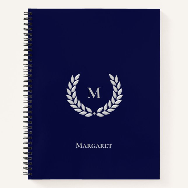 Silver Gray Monogram & Laurel on Navy Blue Noteboo Notebook (Front)