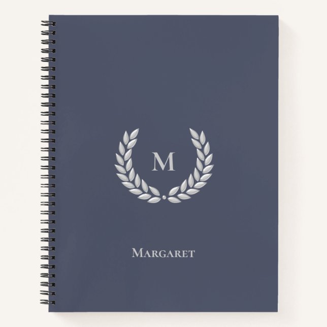 Silver Gray Monogram & Laurel on Steel Gray Notebook (Front)