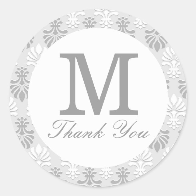 Silver Gray Monogram Thank You Favor Classic Round Sticker (Front)