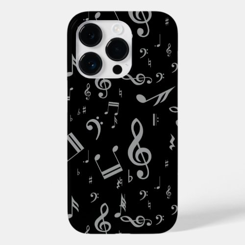 Silver Gray Musical Notes on Black Case_Mate iPhone 14 Pro Case