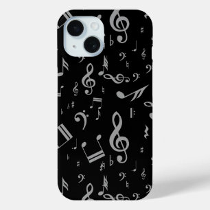 Silver Gray Musical Notes on Black iPhone 15 Case