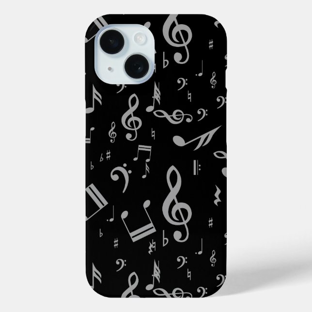 Silver Gray Musical Notes on Black Case-Mate iPhone Case (Back)