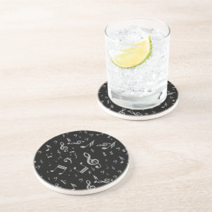 Silver Gray Musical Notes on Black Drink Coaster