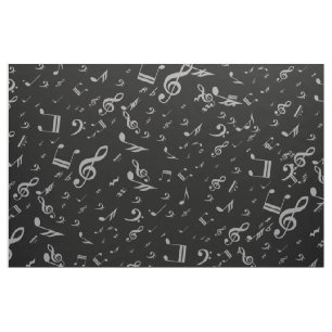 Silver Gray Musical Notes on Black Fabric