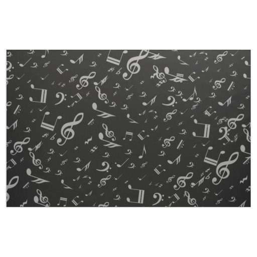 Silver Gray Musical Notes on Black Fabric