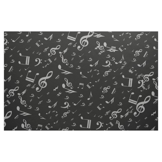 Silver Gray Musical Notes on Black Fabric (Fat Quarter)