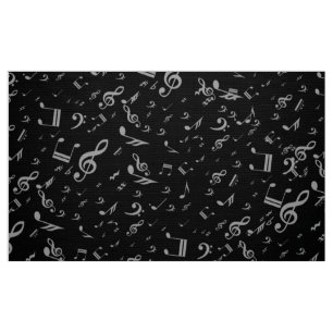 Silver Gray Musical Notes on Black Fabric