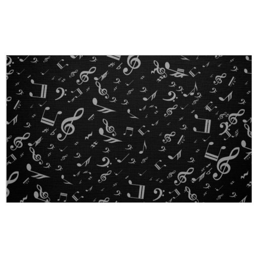 Silver Gray Musical Notes on Black Fabric