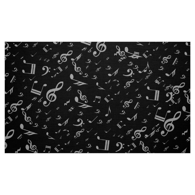 Silver Gray Musical Notes on Black Fabric (Fat Quarter)