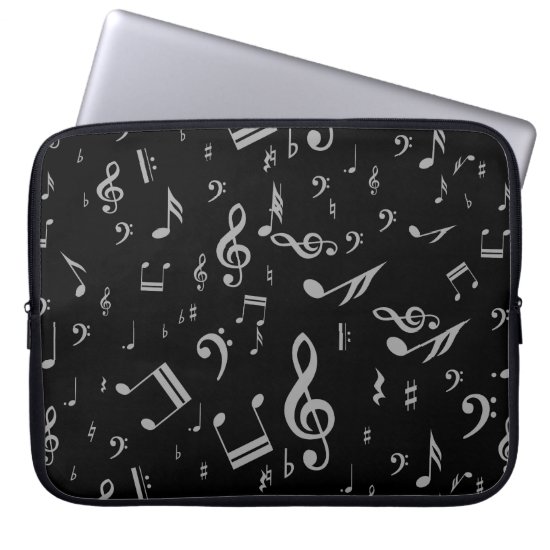 Silver Gray Musical Notes on Black Laptop Sleeve