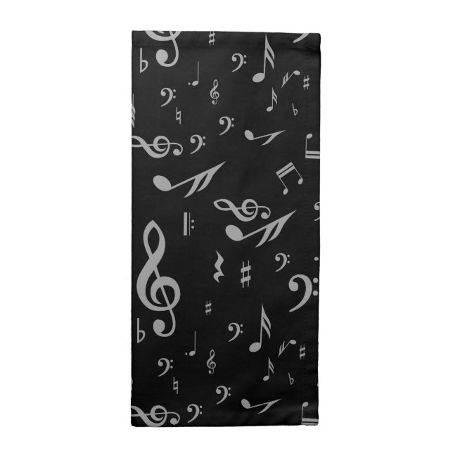 Silver Gray Musical Notes on Black Napkin (Half Fold)