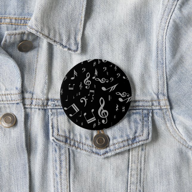 Silver Gray Musical Notes on Black Pinback Button (In Situ)